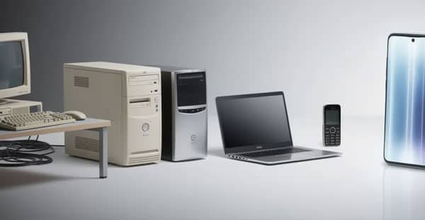 The image illustrates the evolution of technology, showcasing a bulky desktop computer on one side transitioning to a sleek modern smartphone on the other, highlighting the advancements in personal computing devices. This progression reflects the shift towards more accessible online experiences, such as real money online casinos and mobile gaming.
