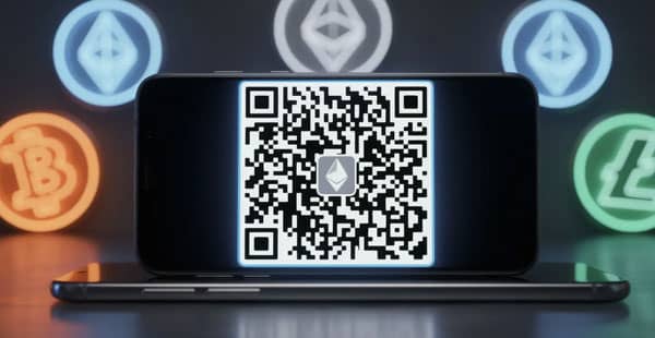 The image shows a smartphone screen with a QR code prominently displayed, surrounded by various cryptocurrency symbols in the background, highlighting the connection to crypto gambling and online crypto casinos. This visual representation emphasizes the use of digital tokens in transactions for casino games and crypto gambling sites.