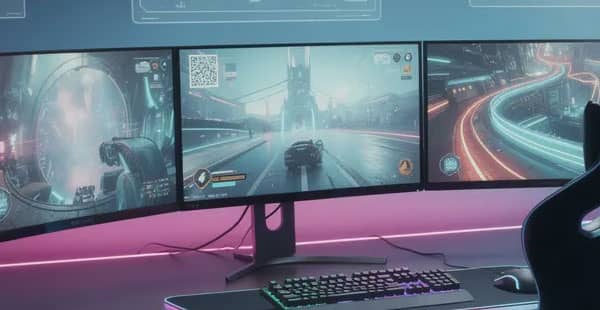 The image depicts a futuristic gaming setup featuring vibrant neon lights and multiple modern display screens, creating an immersive atmosphere ideal for enjoying online casino experiences. This high-tech environment is perfect for playing exciting games like online slots and live dealer games, offering players a glimpse into the future of real money online casinos.