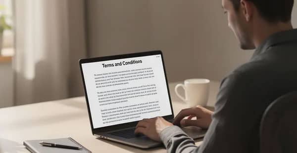 A person is sitting at a desk in a home office, focused on reading the terms and conditions displayed on their laptop screen, which may include information about deposit bonus offers and online gambling regulations. The setting is cozy, with books and office supplies surrounding them, emphasizing a serious approach to understanding the details of online casino games.