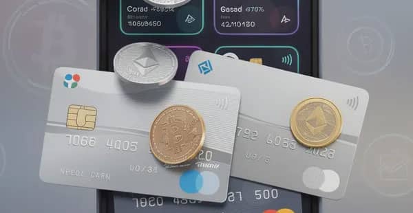 The image depicts a digital wallet interface showcasing various cryptocurrency coins alongside credit cards, symbolizing the integration of modern payment methods in online casinos. This interface highlights the innovative features that allow users to manage their funds for real money online casinos and play exciting games like slots and table games.