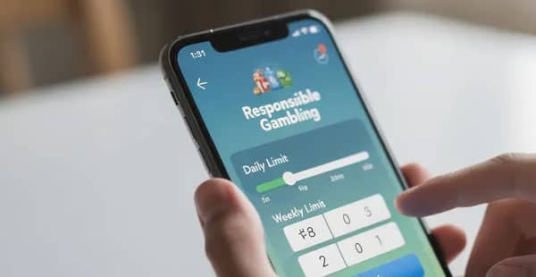 A person is intently looking at their mobile device, which displays responsible gambling limit settings, emphasizing the importance of safe play in online casinos. The screen showcases features that help users manage their gambling activities effectively while enjoying exciting games.