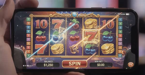 A person is holding a smartphone displaying a vibrant casino game on the screen, showcasing colorful graphics typical of online casinos. The image highlights the engaging experience of playing casino games, with potential offers like free spins and deposit bonuses for players.